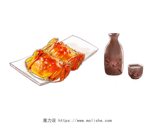 彩色手绘卡通大闸蟹螃蟹酒壶中秋节美食元素PNG素材